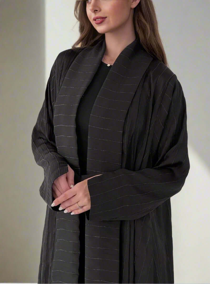 Textured Black Open Abaya with Subtle Stripe Detailing