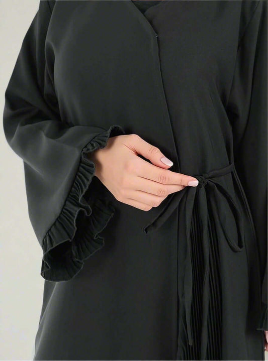 Elegant Black Pleated Trim Abaya with Waist Tie