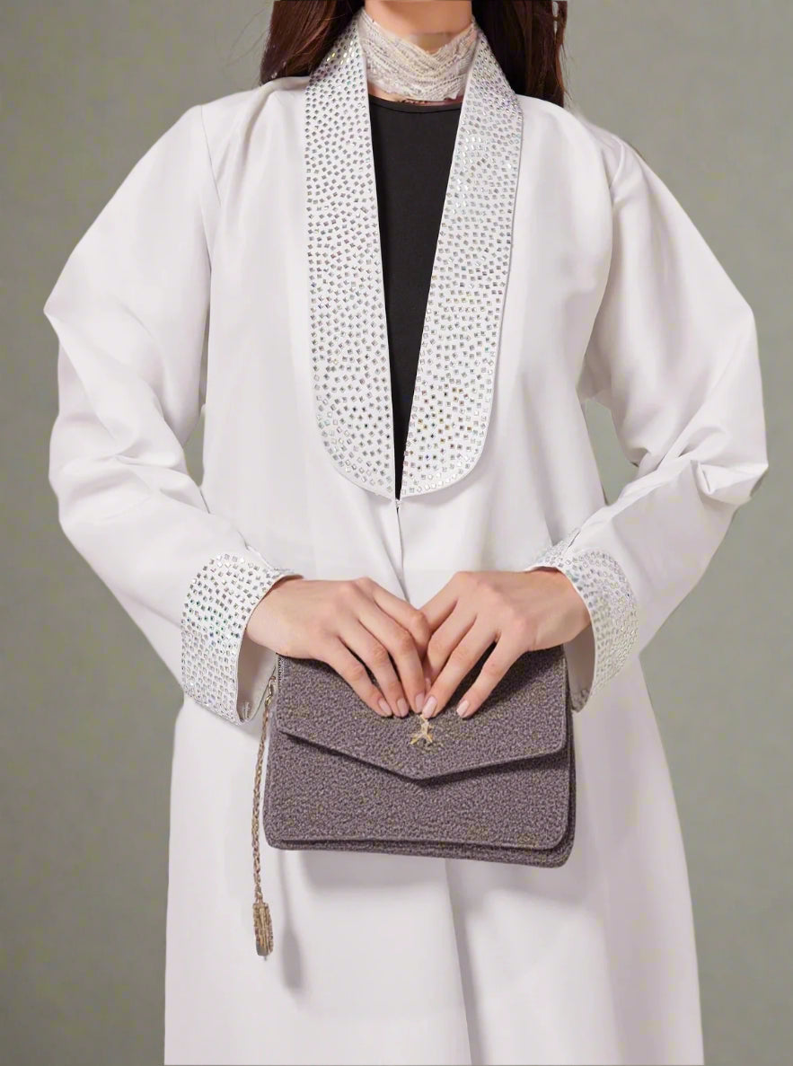 Elegant White Embellished Open Abaya with Crystal Detailing