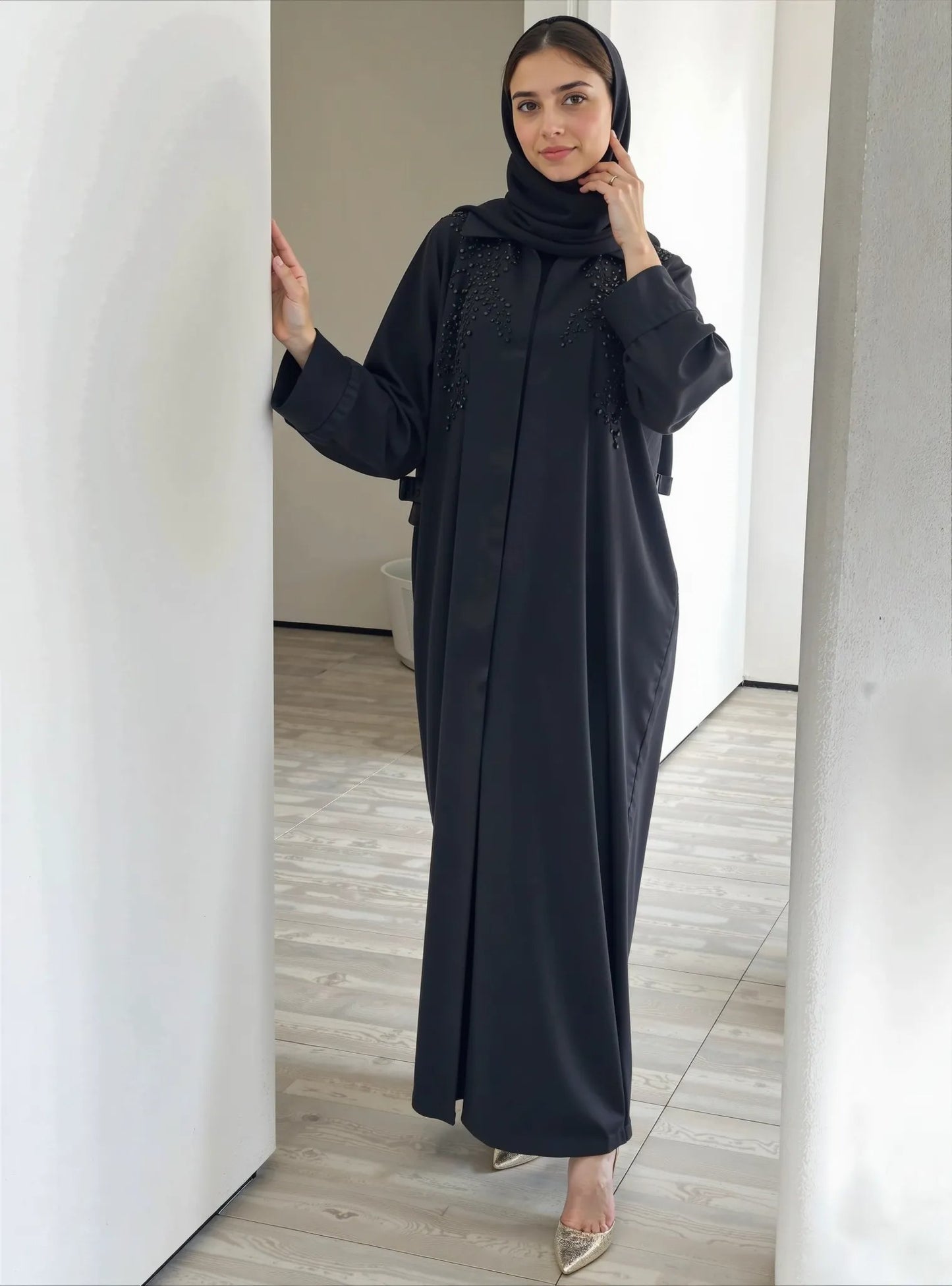 Black Crepe A-cut abaya with elegant handwork and matching scarf