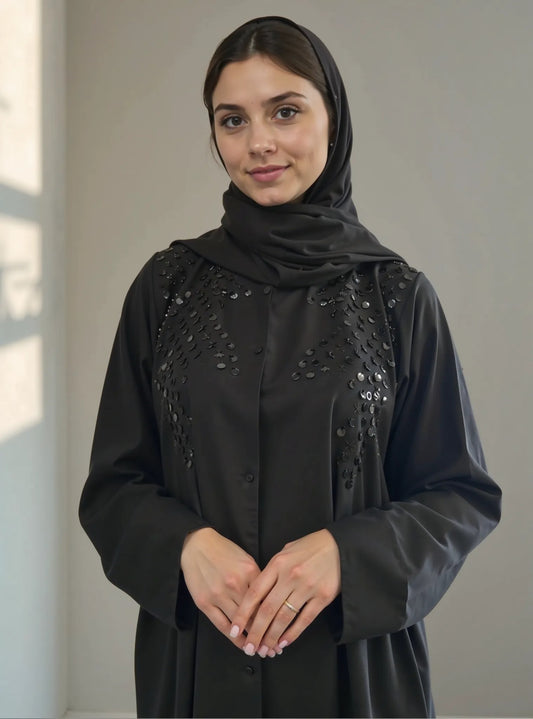 Black Crepe A-cut abaya with elegant handwork and matching scarf