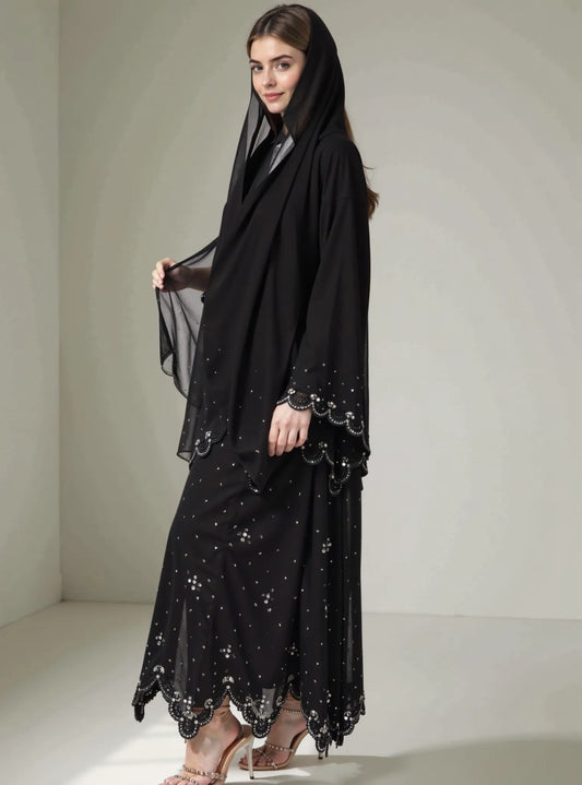 Black Embellished Abaya with Sequin Detailing & Scalloped Hem
