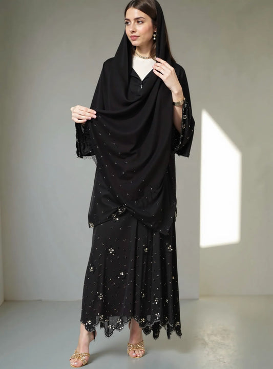 Black Embellished Abaya with Sequin Detailing & Scalloped Hem