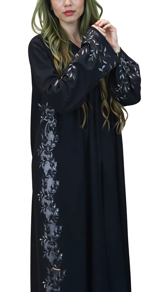 Black abaya with floral embroidery on a white background