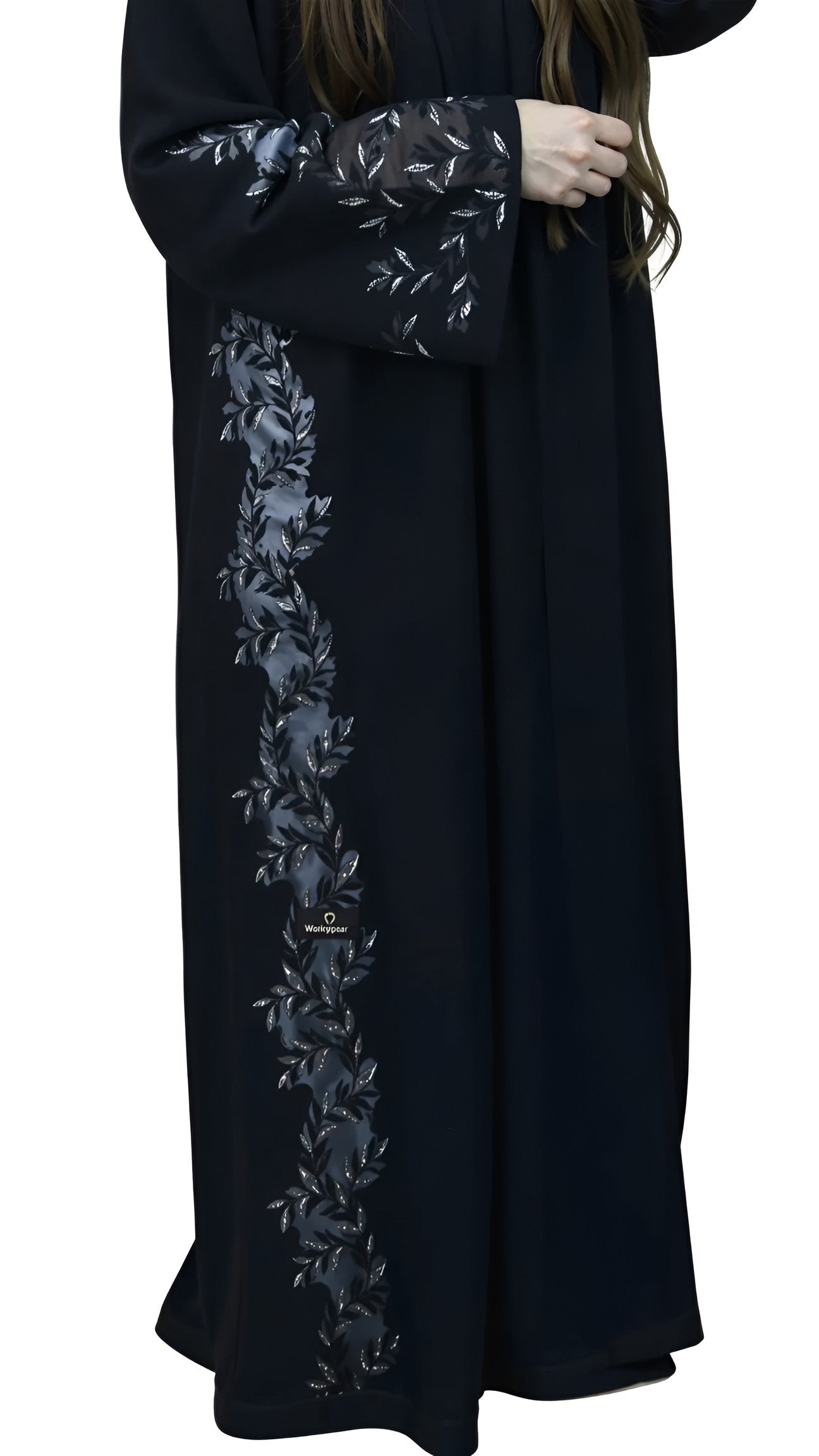 Black abaya with floral embroidery on a white background