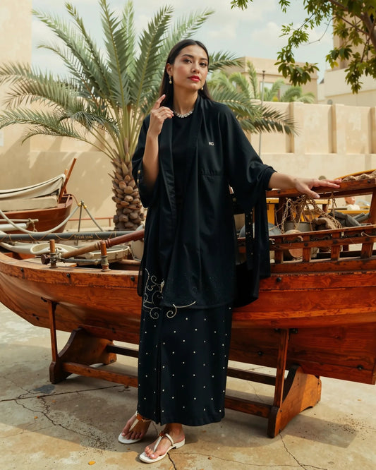 Black Embroidered Abaya with White Floral Detailing