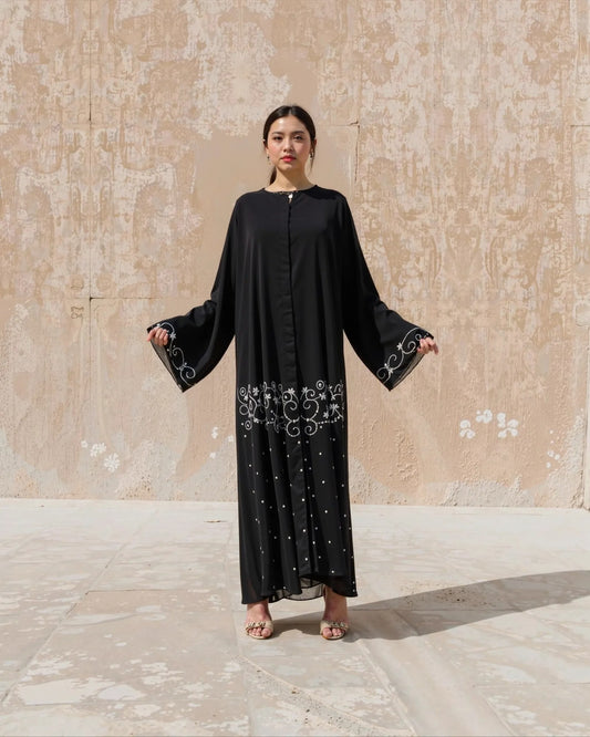 Black Embroidered Abaya with White Floral Detailing