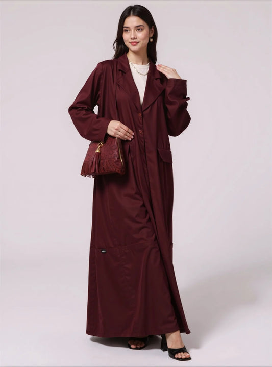 Burgendy Trench Shamwa Abaya With Matching Headscarf blazer cut work n office abaya