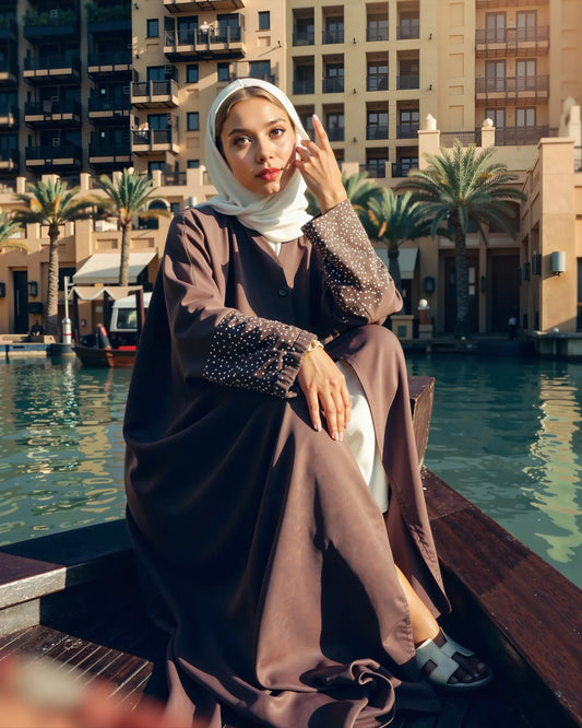 Chic Taupe Embellished Abaya Set