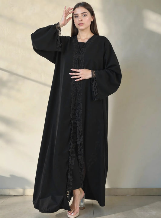 Classic Black Embroidered Abaya with Lace Trim