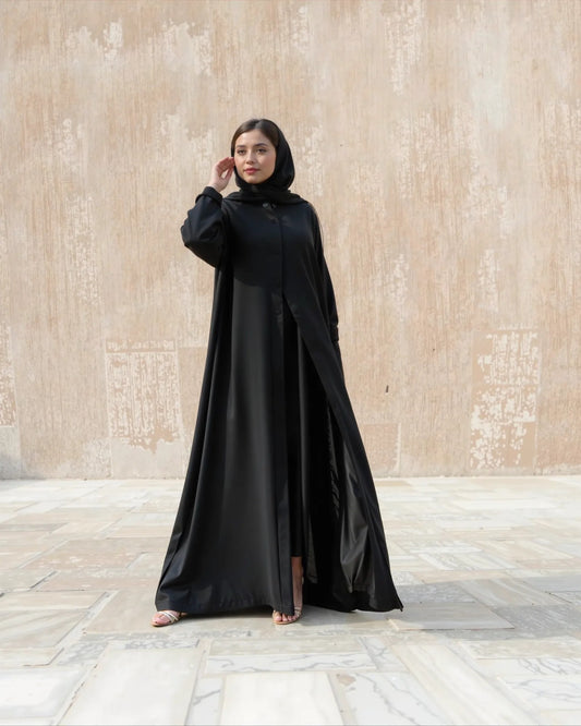 Classic Black Satin Abaya with Button Detail