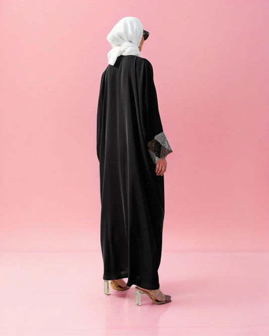 Dania – Black Abaya with Golden Embroidery | Premium Zoom Fabric