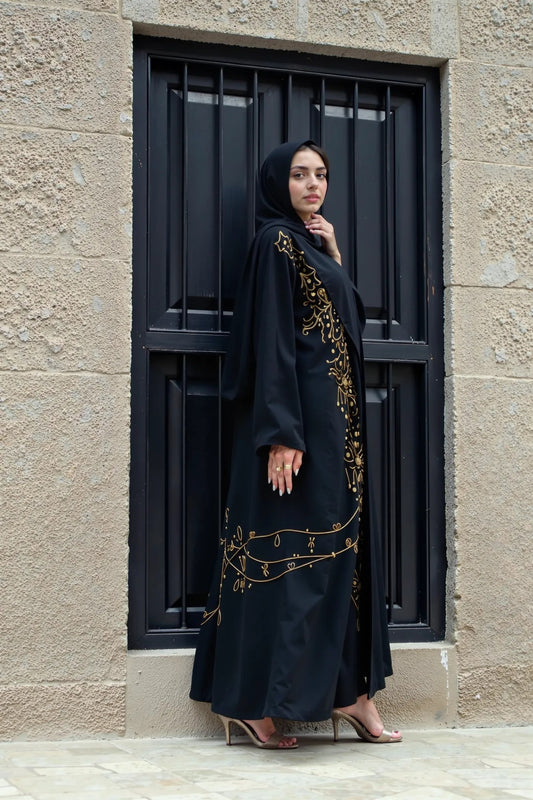 Elegant Black Abaya with Golden Abstract Embroidery