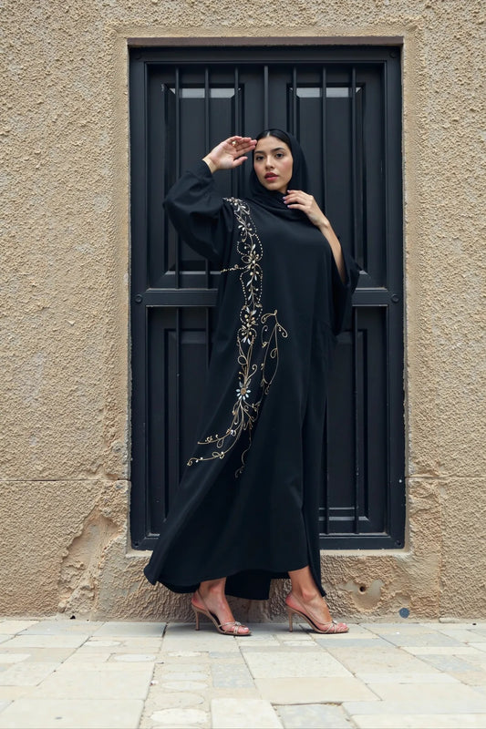 Elegant Black Abaya with Golden Abstract Embroidery