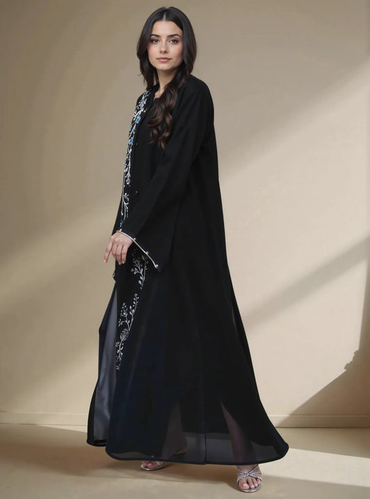 Elegant Black Embroidered Abaya with Beaded Floral Detailing