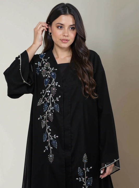 Elegant Black Embroidered Abaya with Beaded Floral Detailing