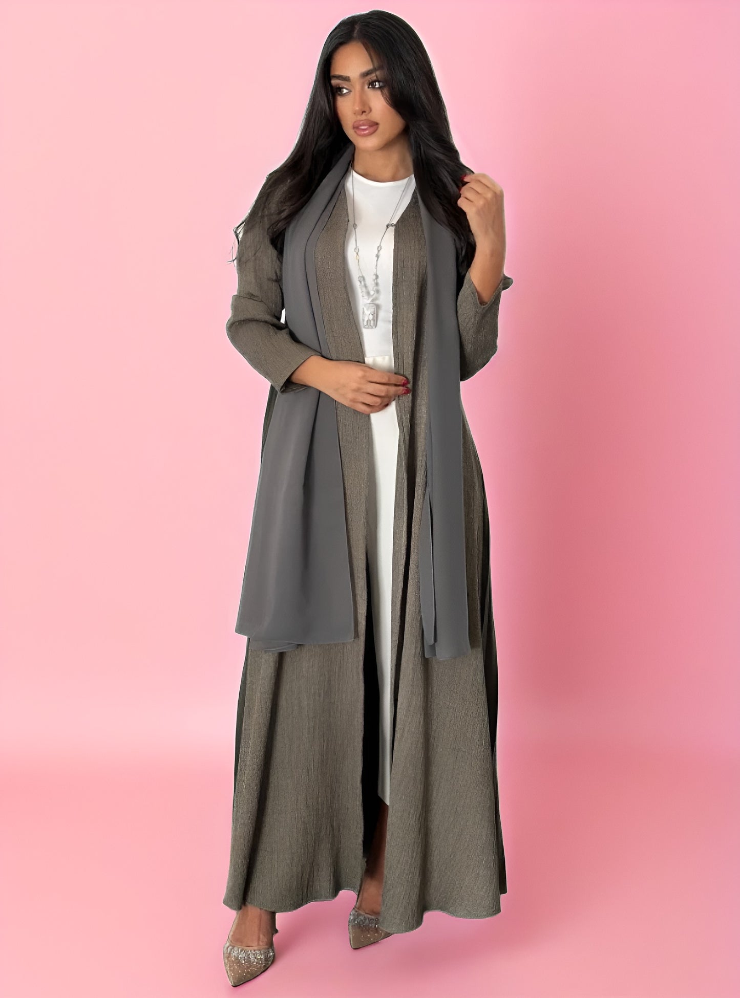 Elegant Green Pleated Crepe Abaya with Matching Scarf