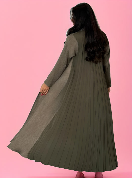 Elegant Green Pleated Crepe Abaya with Matching Scarf