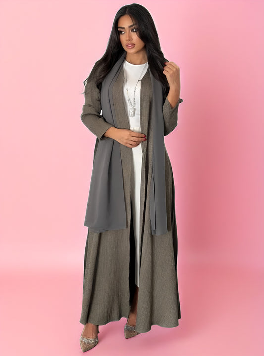 Elegant Green Pleated Crepe Abaya with Matching Scarf