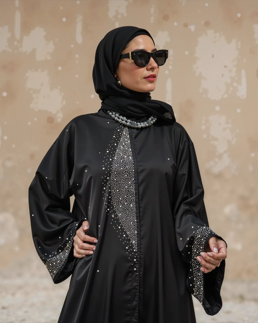 Elegant Black Embellished Abaya with Crystal Detailing