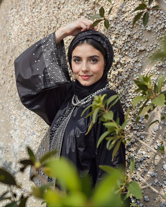 Elegant Black Embellished Abaya with Crystal Detailing