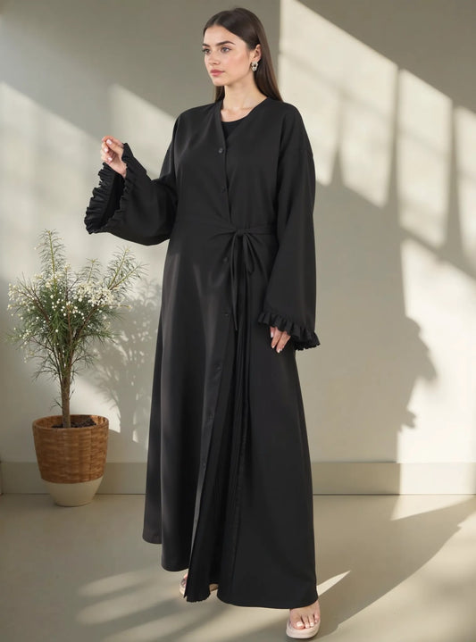 Elegant Black Pleated Trim Abaya with Waist Tie