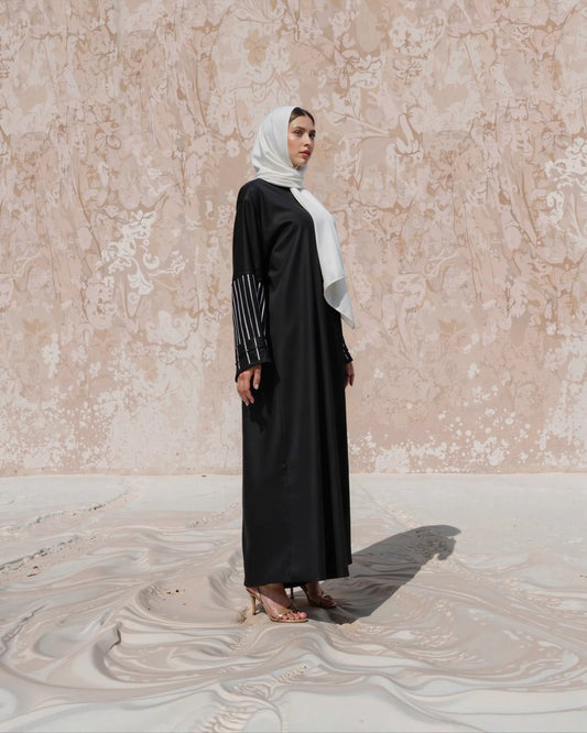 Elegant Satin Black Abaya with Embellished Pleated Sleeves