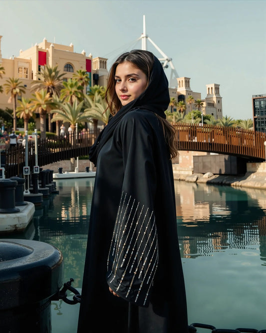 Elegant Satin Black Abaya with Embellished Pleated Sleeves