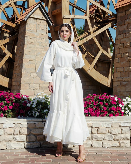Elegant White Chiffon Abaya with Waist Tie