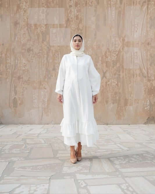 Elegant White Chiffon Abaya with Waist Tie