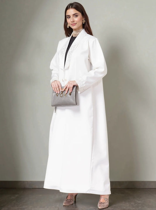 Elegant White Embellished Open Abaya with Crystal Detailing