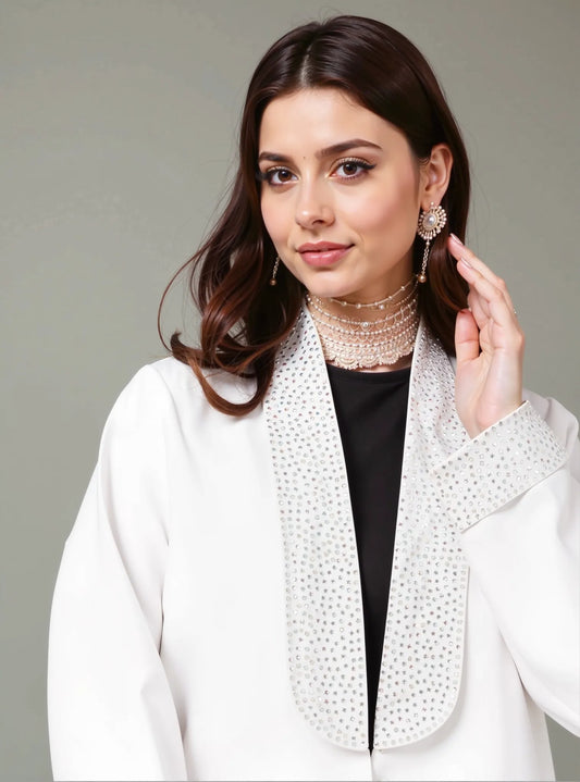 Elegant White Embellished Open Abaya with Crystal Detailing
