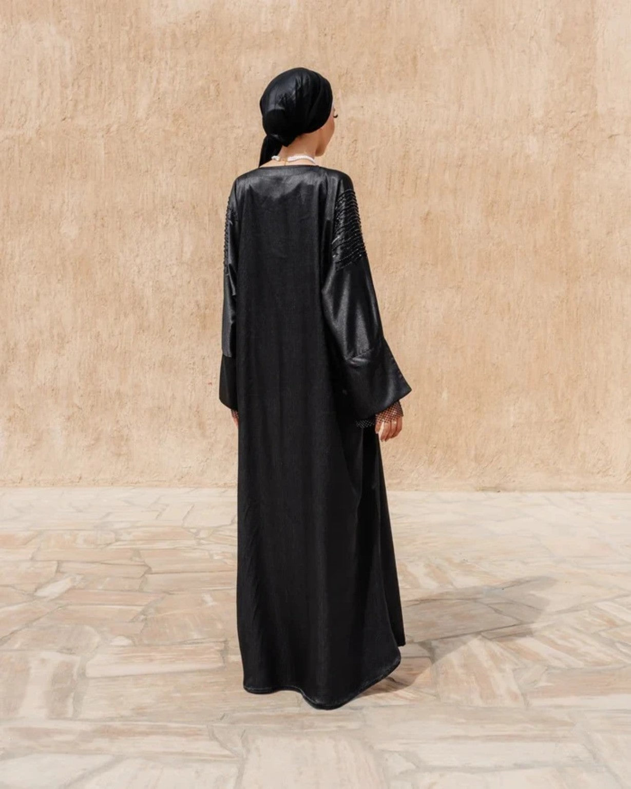 Midnight Luxe Satin Abaya – Black with Textured Sleeve Detail