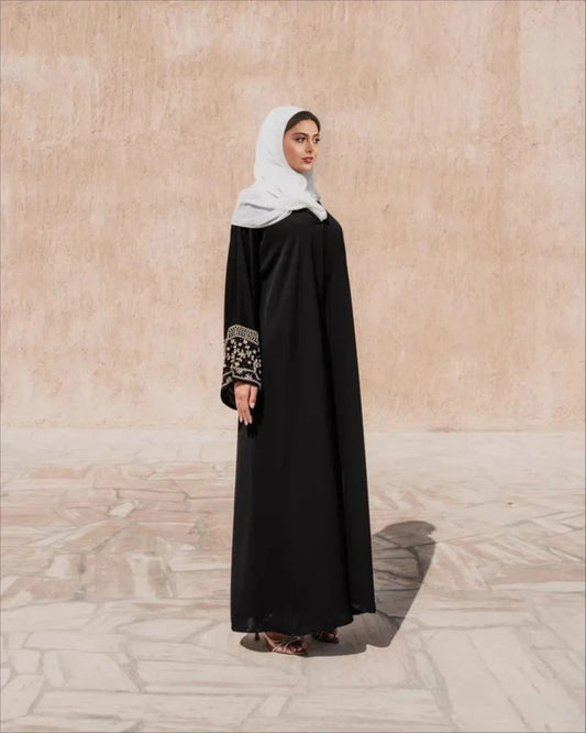 The "Golden Tapestry" Abaya – Classic Black with Intricate Cuff Embroidery