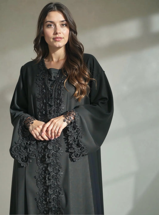 Luxury Black Abaya with Intricate Lace and Sequin Embellishments