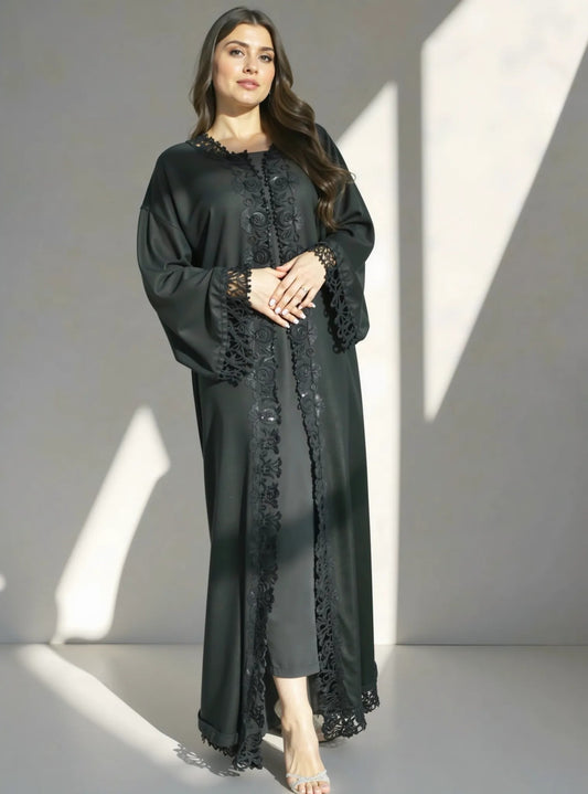Luxury Black Abaya with Intricate Lace and Sequin Embellishments