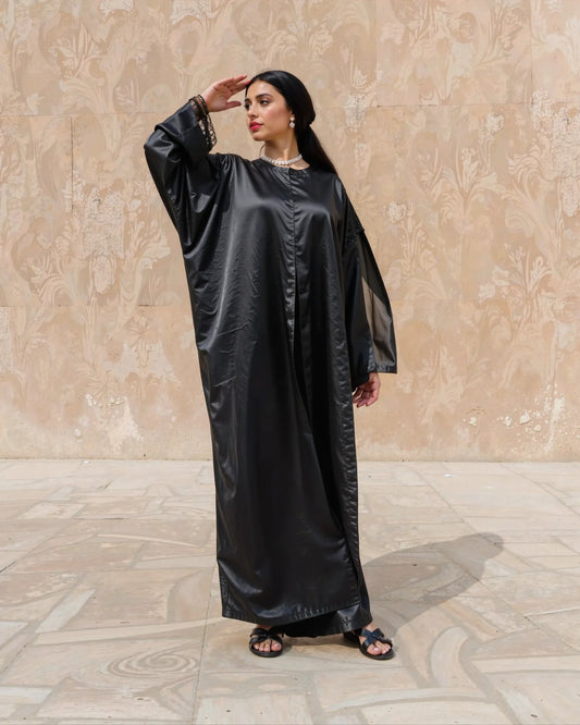 Midnight Luxe Satin Abaya – Black with Textured Sleeve Detail