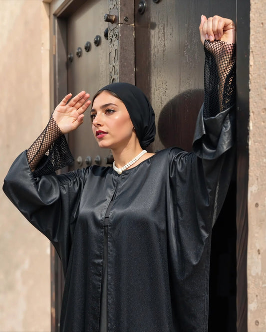 Midnight Luxe Satin Abaya – Black with Textured Sleeve Detail