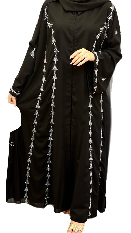 Black abaya with white embroidery on a white background