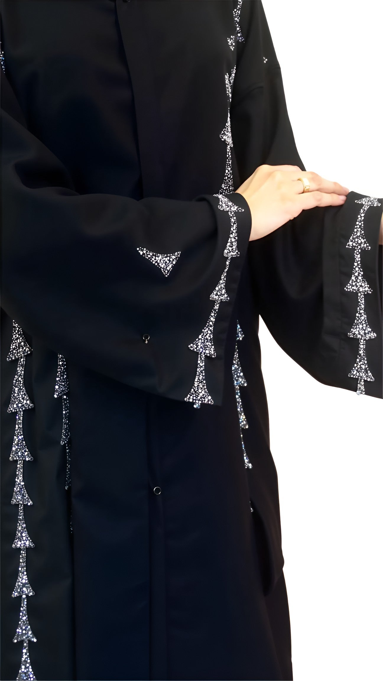 Black abaya with silver embroidery on a white background
