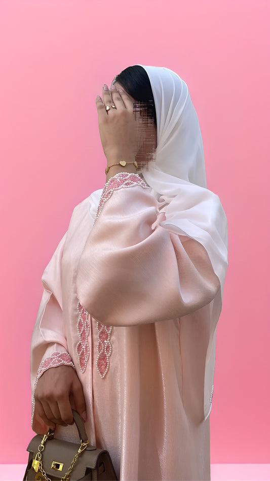 Pink Shimmer Abaya – Elegant & Glamorous Evening Wear