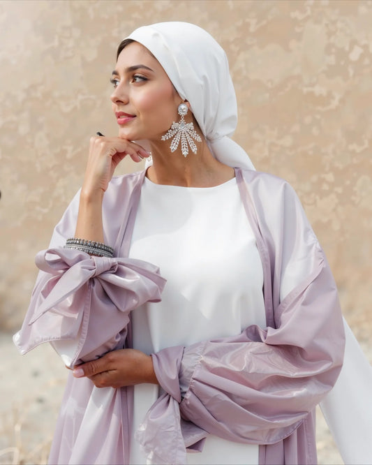 Shimmering Lilac Pleated Abaya – Elegant Belted Kaftan for Modern Modesty
