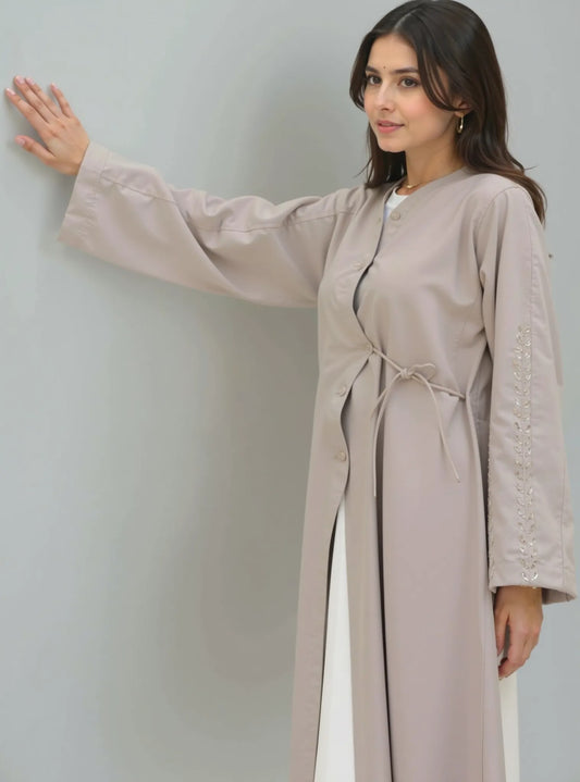 Taupe Embroidered Open Abaya with Scallop Trim & Waist Tie