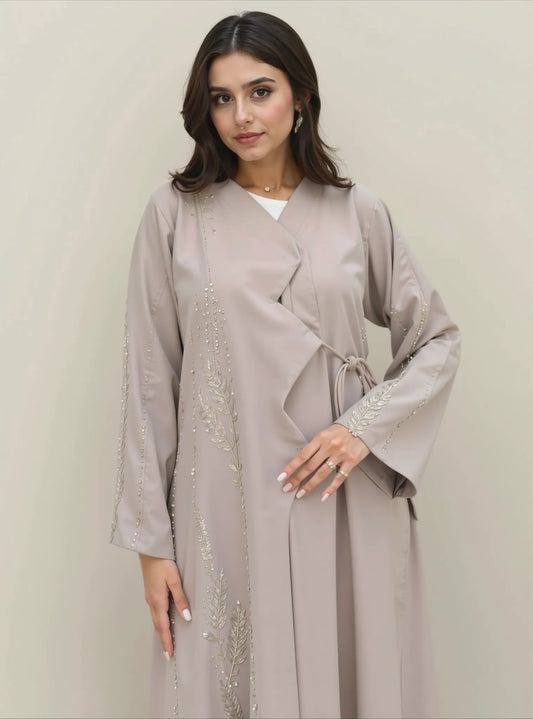 Taupe Embroidered Open Abaya with Scallop Trim & Waist Tie