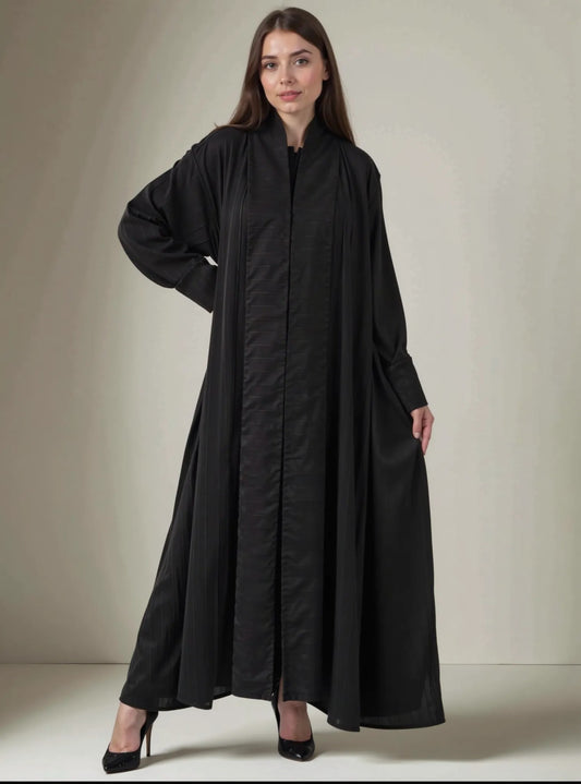 Textured Black Open Abaya with Subtle Stripe Detailing