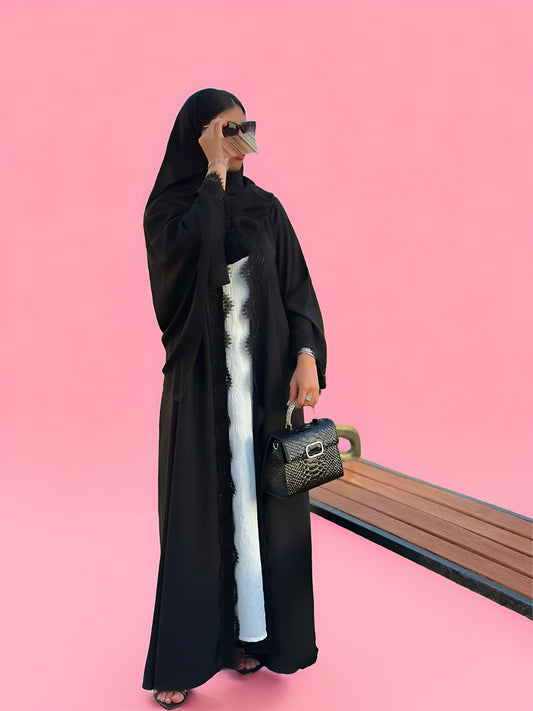 Elegant Lace Dantel Abaya with Intricate Handwork Design