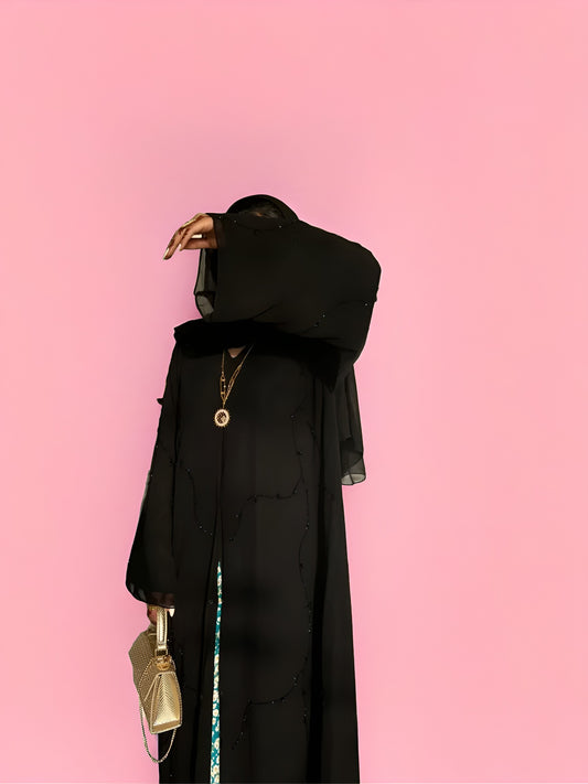 Black Chiffon Abaya with Elegant Handmade Embroidery