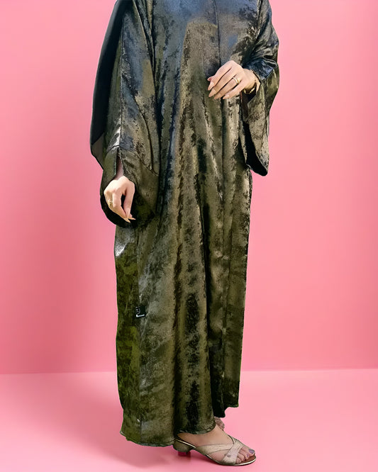 Glittering Golden Foil Abaya – Elegant Party Wear for Women