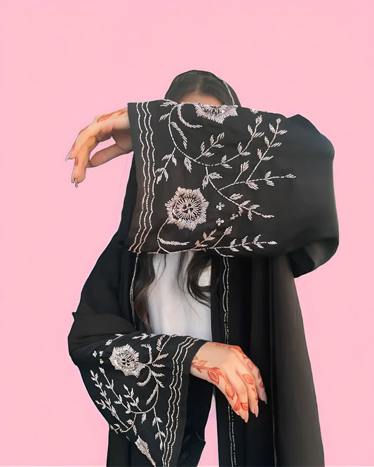 Black Nada Abaya with Elegant Rose Gold Sleeve Detailing