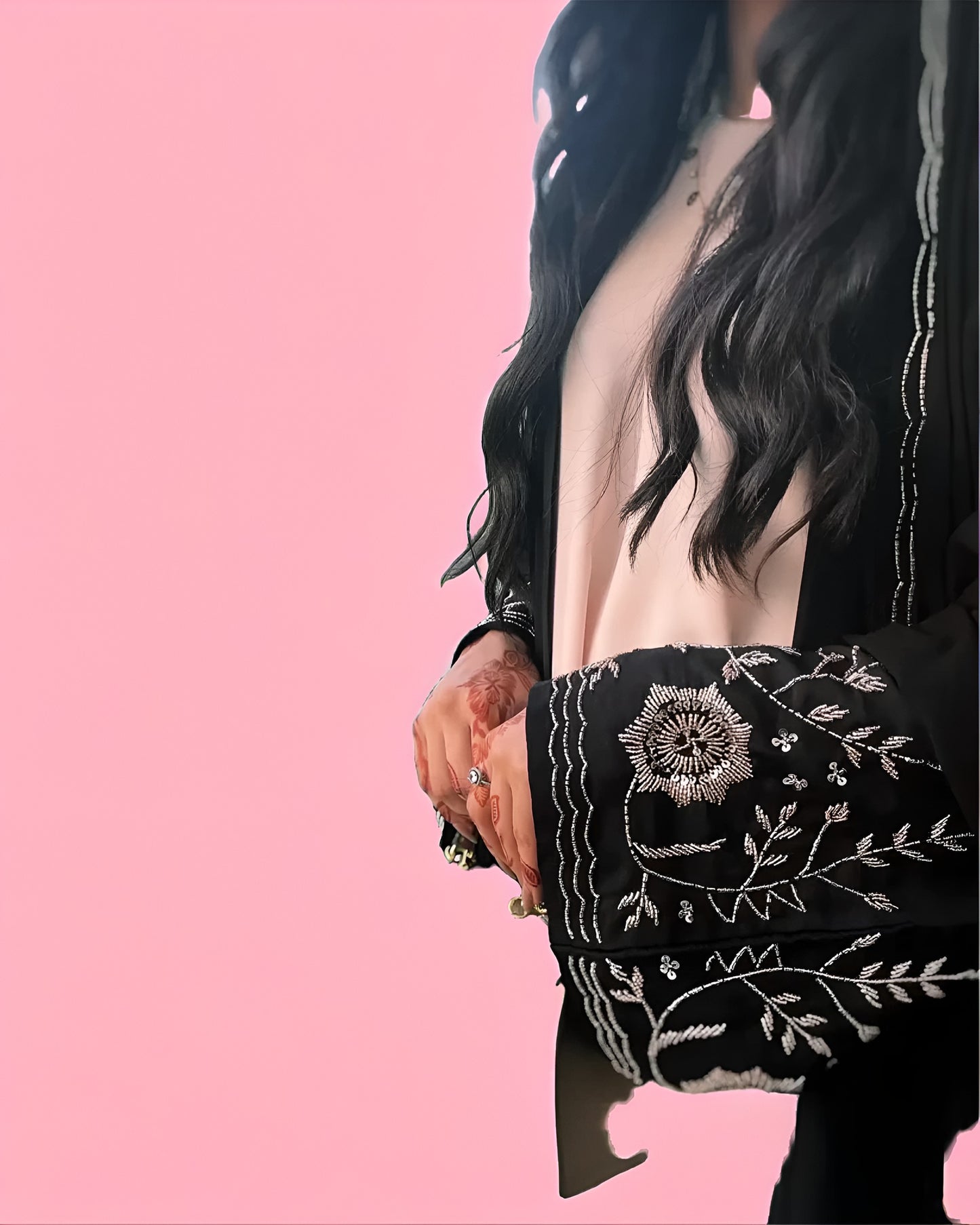 Black Nada Abaya with Elegant Rose Gold Sleeve Detailing